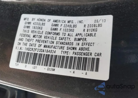 2013 Honda Accord Lx from USA, damaged, VIN 1HGCR2F33DA184934